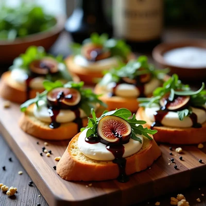 Bruschetta de higuitos y queso buratta con reducción de Módica sobre tabla de madera rústica, con pan ciabatta tostado, higuitos caramelizados, cremoso queso buratta y un chorrito de reducción brillante de vinagre balsámico de Módica, acompañada de rúcula y nueces troceadas.