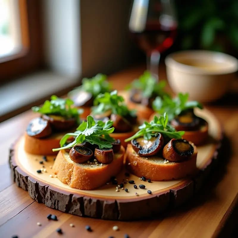 Bruschetta vegana con hongos shiitake dorados salteados sobre pan de centeno tostado, coronada con rúcula fresca aliñada, semillas de sésamo y un hilo de vinagre balsámico. Plato rústico en fondo oscuro con detalles de madera.