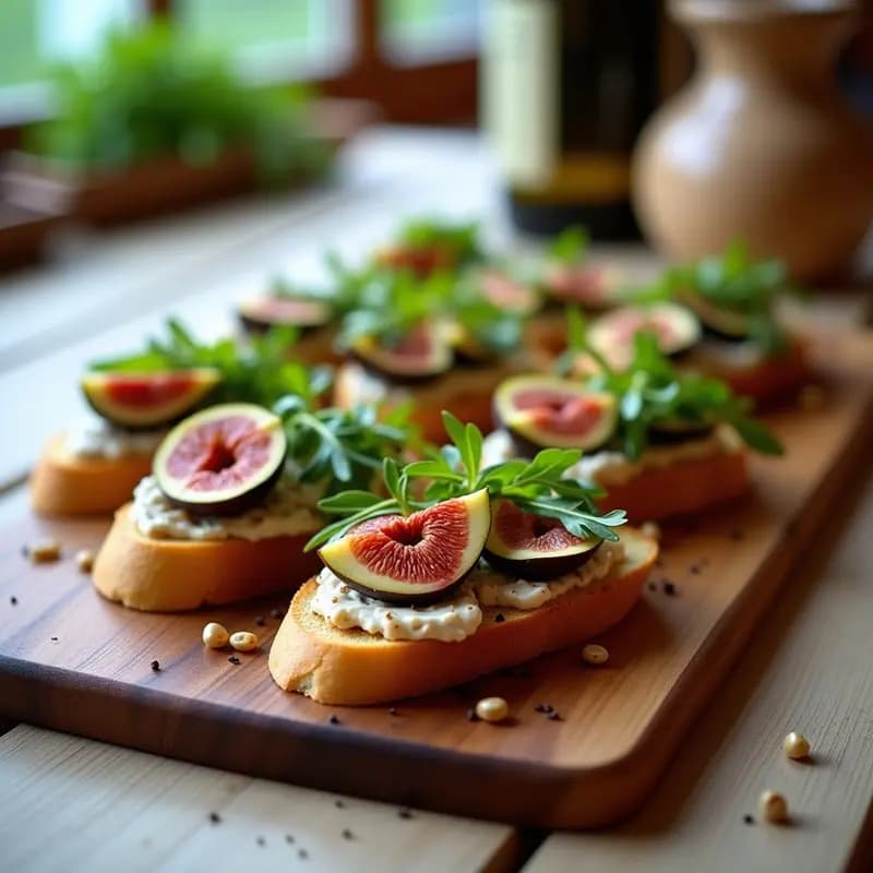 Bruschetta italiana de hígado de paté y higos servida en bandeja de madera, con pan ciabatta tostado, paté cremoso, gorgonzola con miel, higos frescos abiertos en flor y decoración de rúcula y vinagre balsámico.
