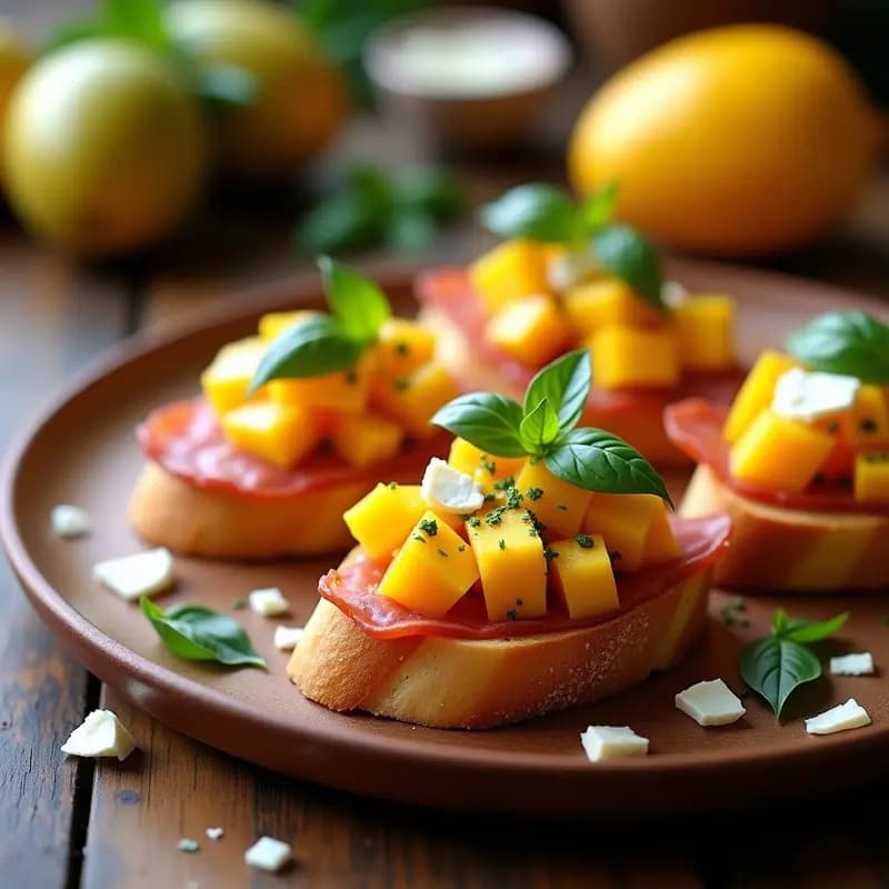 Bruschetta de mango y prosciutto con vinagreta de albahaca: rebanadas doradas de pan ciabatta tostado con láminas de prosciutto di Parma, cubos de mango maduro, hojas de albahaca fresca y semillas de granada, bañadas en una vinagreta brillante. Plato blanco rústico con fondo borroso de cocina italiana.