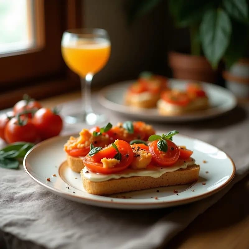 Bruschetta de pan de algarroba tostado con tomate confitado brillante y albahaca fresca, decorada con piñones dorados sobre una tabla de madera rústica. Aperitivo mediterráneo sin gluten con textura crujiente y colores vibrantes.
