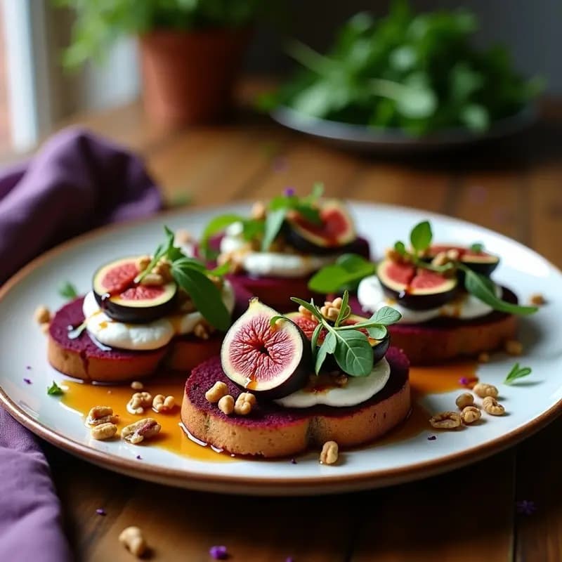 Bruschetta gourmet sin gluten con pan morado de remolacha, buratta cremosa desmenuzada, higos caramelizados con miel y nueces pecanas, decorada con rúcula baby y reducción de vinagre balsámico sobre fondo rústico de madera.