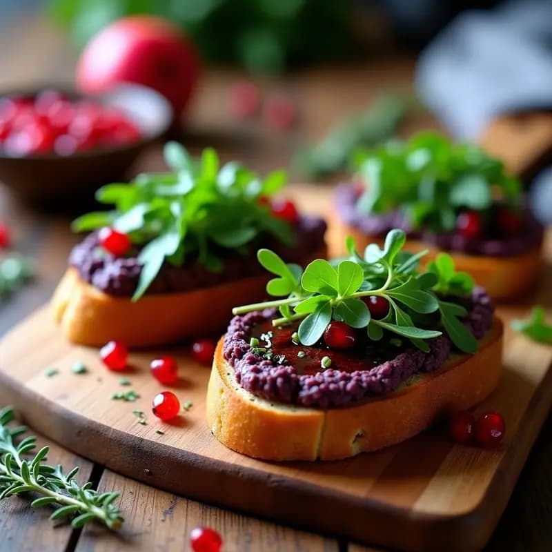 Bruschetta de hígado de paté de berenjena vegano en pan de centeno tostado, decorada con rúcula, semillas de granada y reducción de vinagre balsámico, sobre tabla de madera rústica con fondo borroso de cocina italiana.