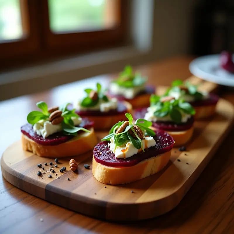 Bruschetta de remolacha asada y queso de cabra sobre pan sin gluten tostado, decorada con rúcula, nueces pecanas y miel de lavanda, servida en una tabla de madera rústica con fondo desenfocado.