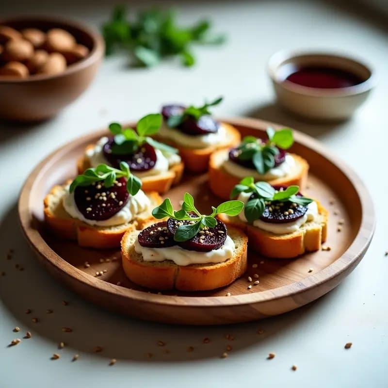 Bruschetta de remolacha asada y ricotta de almendras sobre pan tostado, decorada con rúcula, glaseado de vinagre balsámico y semillas de sésamo, en un plato de madera rústica.