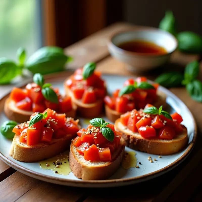 Bruschetta de tomate y albahaca con pan de centeno tostado, decorada con semillas de sésamo, hojas de albahaca fresca y un hilo de aceite de oliva virgen extra sobre fondo rústico de madera.
