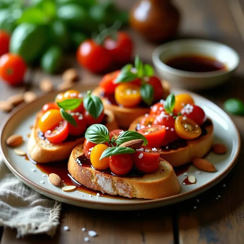 Bruschetta de tomate cherry multicolor y albahaca fresca sobre pan ciabatta tostado, con vinagreta de Módica brillante y almendras fileteadas doradas, entrante italiano ligero y elegante.