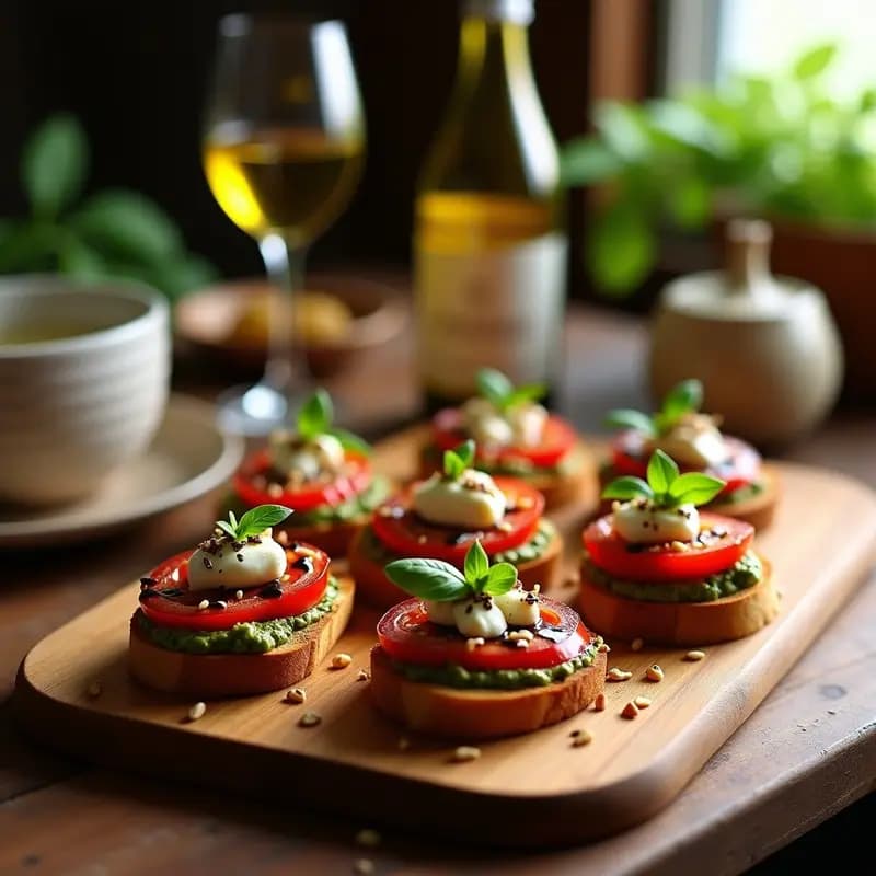 Bruschettas gourmet sobre tabla de madera oscura, con pan de masa madre tostado, tomates pera confitados en miel de romero, buratta cremosa desmenuzada, pesto de albahaca verde intenso y piñones, decoradas con hojas de albahaca fresca, vinagre balsámico glacé y sal en escamas. Fondo desenfocado con copas de vino y aceitera de cerámica.