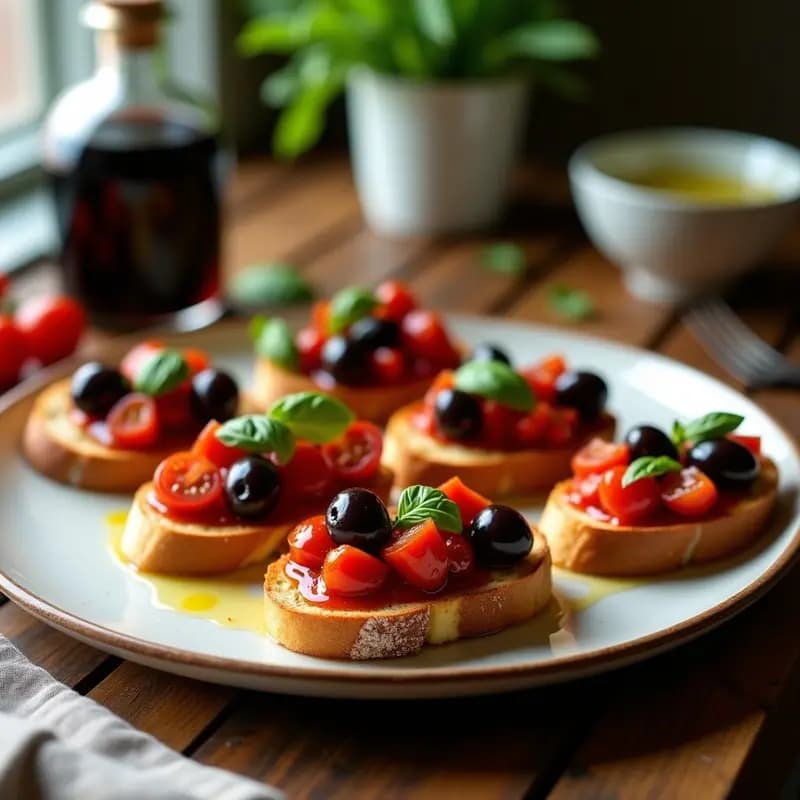 Bruschetta de tomate confitado y aceitunas kalamata sobre pan sin gluten tostado, decorada con albahaca fresca y aceite de oliva virgen extra, entrante italiano vegano y sin gluten.