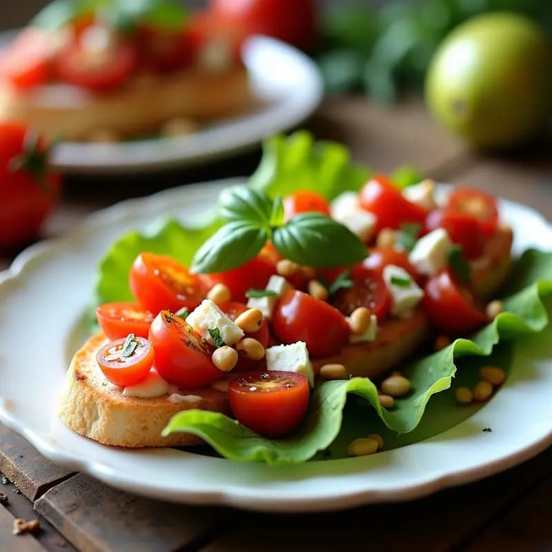 Bruschetta de tomate y queso de búfala con albahaca sobre hojas de lechuga romana, decorada con piñones tostados y bañada en vinagreta de miel y vinagre balsámico. Plato elegante y fresco, ideal como aperitivo italiano rápido.