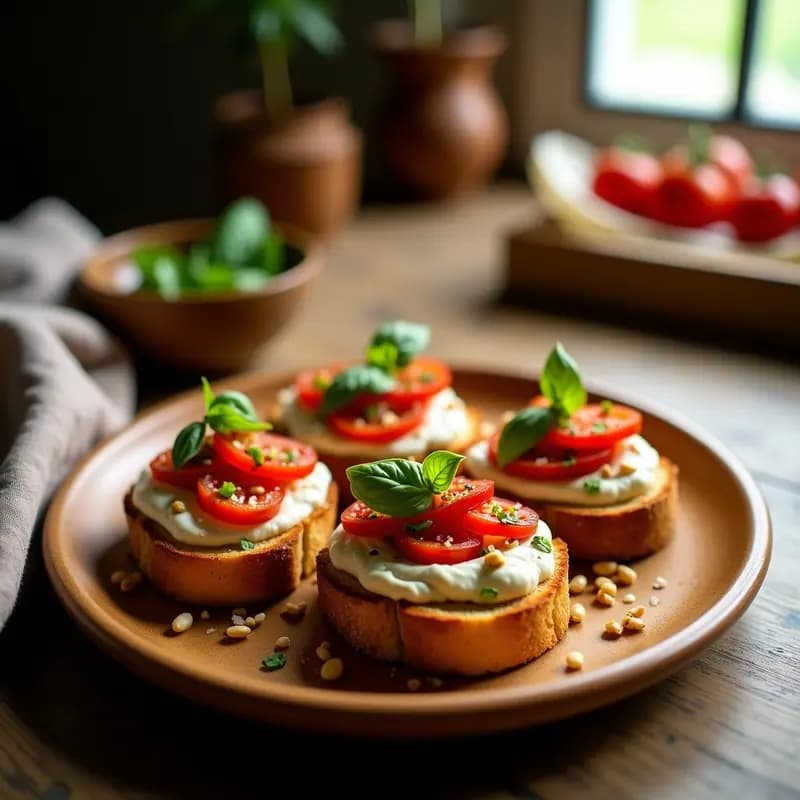 Bruschetta de tomate seco y ricotta con aceite de albahaca servida en láminas doradas de hojaldre integral, decorada con láminas de parmesano, piñones y hojas de albahaca fresca, sobre una tabla de madera rústica.