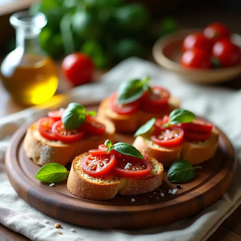 Bruschetta italiana gourmet con rebanadas de pan ciabatta dorado, tomate seco en tiras, ventresca de atún desmenuzada y hojas de albahaca morada, servida en bandeja de madera rústica con fondo desenfocado.