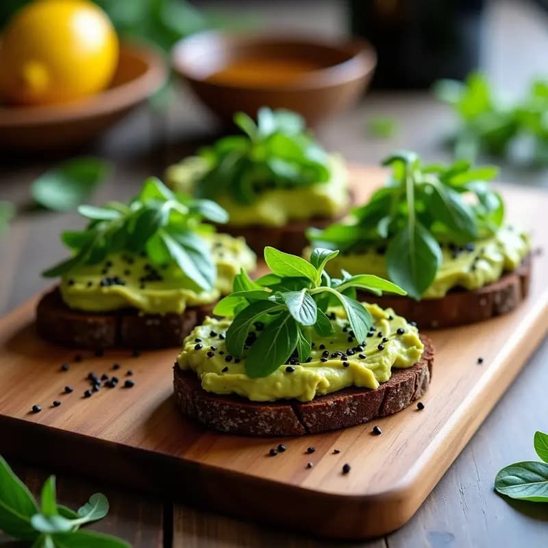 Bruschetta de pan de trigo sarraceno tostado con aguacate cremoso, rúcula fresca, semillas de sésamo negro y un toque de vinagre balsámico blanco, servida en una tabla de madera rústica. Aperitivo italiano vegano y sin gluten.