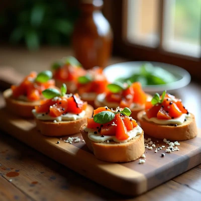 Bruschetta de ventresca y pimientos asados con aliño de vinagre de Módena servida en pan rústico tostado, decorada con albahaca fresca y semillas de sésamo sobre una tabla de madera.