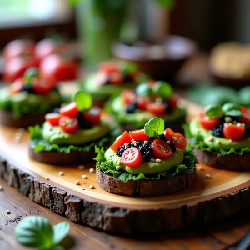 Bruschettas veganas sin pan tradicional: rodajas de calabacín asado dorado con capas de caviar de berenjena oscuro y aguacate cremoso, decoradas con hojas de albahaca fresca y semillas de sésamo tostado. Presentación elegante en plato de madera rústico.