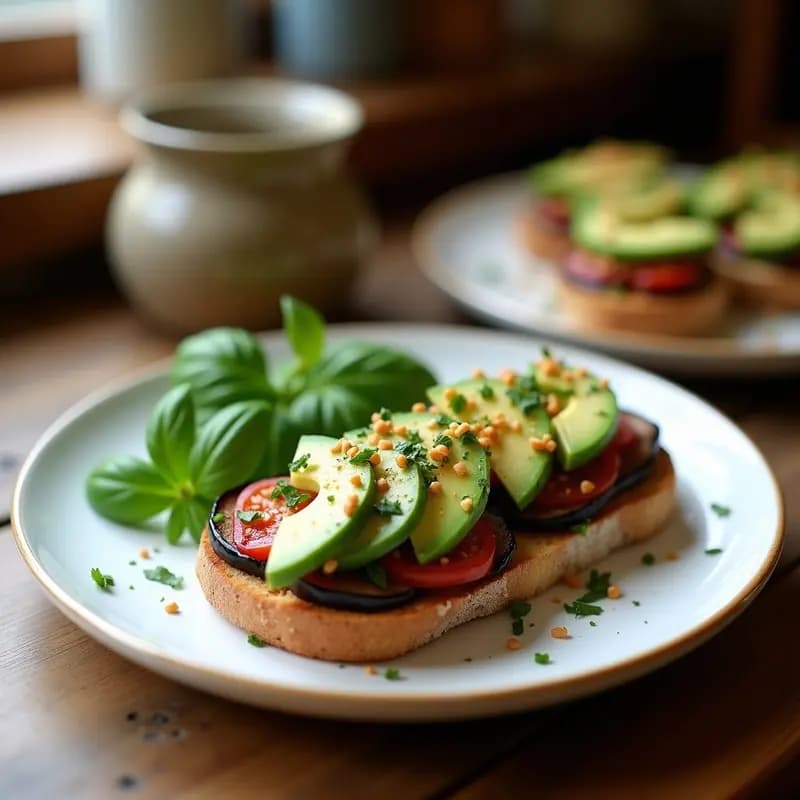 Bruschettas de aguacate y caviar de berenjena sobre pan tostado, decoradas con albahaca fresca y semillas de sésamo, entrante italiano vegano y elegante en plato de madera rústico.