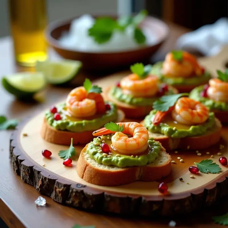 Bruschettas de pan sin gluten tostado con crema de aguacate verde, gambas rosadas al ají amarillo y hojas de cilantro fresco, servidas en plato rústico con hielos picados al lado. Aperitivo peruano vibrante y colorido.