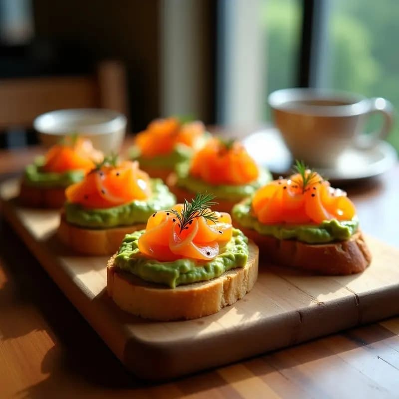 Bruschettas de pan sin gluten tostado con crema de aguacate suave, coronadas por huevas de salmón naranjas brillantes y decoradas con microhojas de eneldo, sobre tabla de madera rústica con fondo Borgoña.