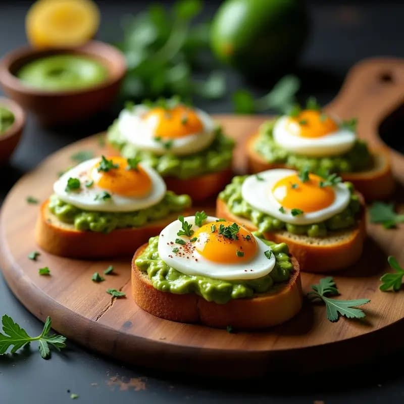 Plato de bruschettas de pan de campo tostado con crema de aguacate verde, huevo pochado de yema líquida y salsa de chimichurri verde brillante, decorado con semillas de sésamo y hojas de albahaca sobre una tabla de madera rústica.