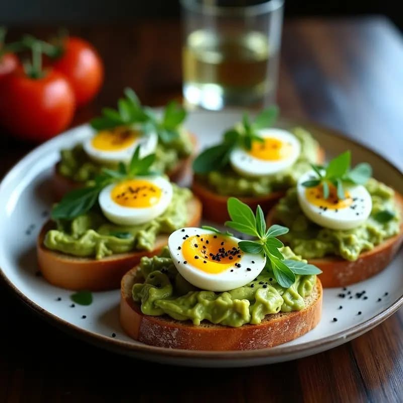 Bruschettas de pan de espelta integral tostado con crema de aguacate verde brillante, huevos de codorniz cortados por la mitad mostrando yema amarilla, decoradas con semillas de sésamo, pimienta de Sichuan, rúcula fresca y aceite de trufa negra. Plato servido en tabla de madera rústica con fondo borroso de cocina italiana.