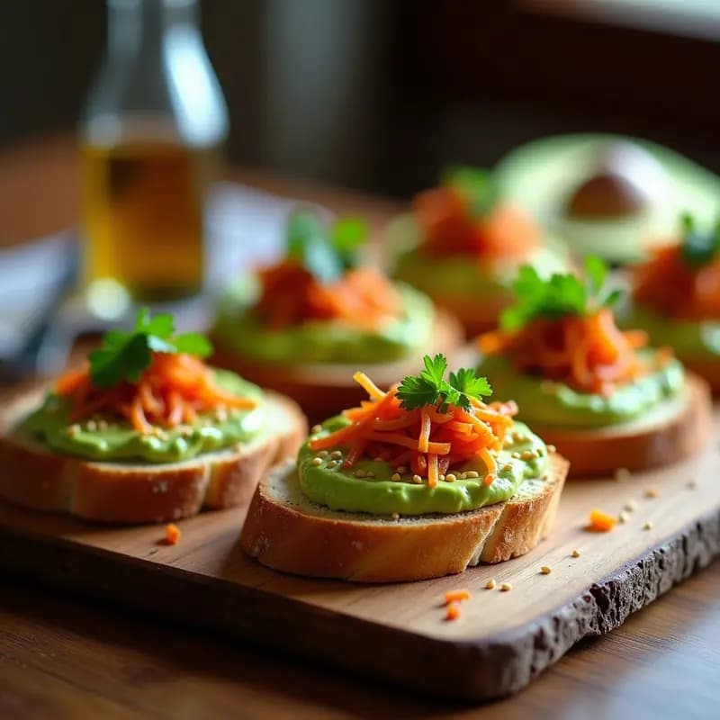 Bruschettas de pan tostado integral con crema de aguacate verde y trozos de kimchi rojo fermentado, decoradas con semillas de sésamo y cebollino fresco, servidas en una tabla de madera rústica.