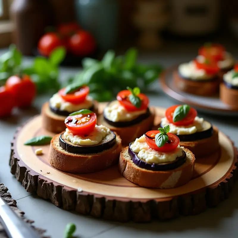 Bruschettas de berenjena asada y ricotta de almendras sobre pan de centeno tostado, decoradas con tomates cherry macerados en vinagre balsámico y hojas de albahaca fresca. Plato rústico de madera con fondo de cocina italiana.
