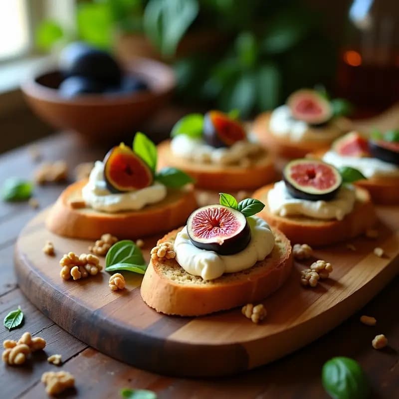 Bruschettas de buratta y higos frescos con reducción de miel de trufa, servidas en bandeja rústica de madera con hilo de reducción brillante y hojas de albahaca. Pan tostado dorado con trozos cremosos de buratta y gajos de higos maduros, espolvoreados con nueces picadas.