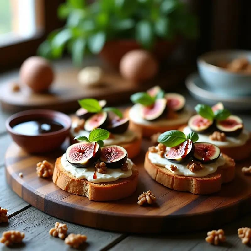 Bruschettas de buratta y higos con reducción de vinagre balsámico sobre pan ciabatta tostado, decoradas con almendras fileteadas, miel de romero y hojas de albahaca fresca. Plato italiano gourmet con contraste de texturas cremosas y crujientes.