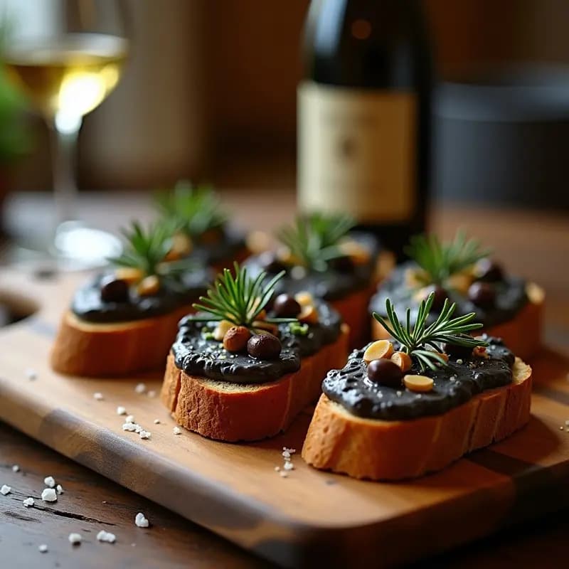 Plato rectangular de madera con 6 bruschettas de pan de centeno tostado, untadas con crema negra brillante de aceitunas y ajo negro, decoradas con rúcula fresca, almendras fileteadas y un hilo de aceite de oliva virgen extra. Fondo borroso con hierbas aromáticas y luz natural.