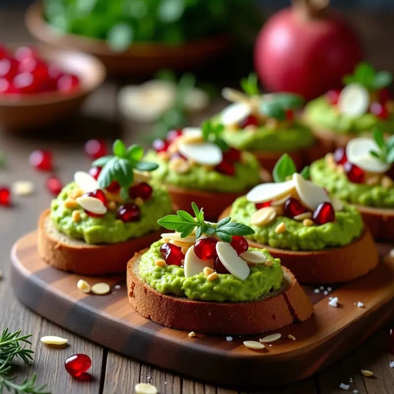 Bruschettas de pan de centeno tostado con crema de aguacate verde brillante, semillas de granado rojas, láminas de queso pecorino, rúcula y almendras fileteadas, servidas en una tabla de madera rústica con fondo borroso.