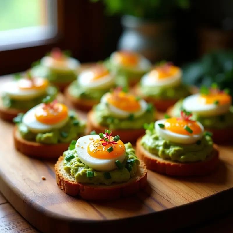 Bruschettas de pan de centeno tostado con crema de aguacate verde, huevos de codorniz escalfados y decoración de cebollino, sésamo y brotes de rábano sobre una tabla de madera rústica, receta de entrante francés proteico.