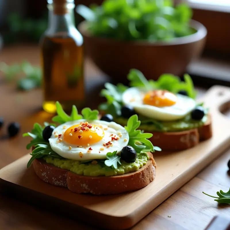 Bruschettas de pan de centeno tostado con crema de aguacate verde, huevos poché con yema líquida, rúcula fresca y semillas de chía, servidas en plato blanco rústico. Desayuno italiano alta en proteínas.