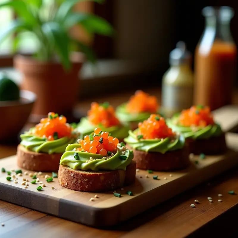 Bruschettas de pan de centeno tostado con crema de aguacate verde, huevas de tobiko naranja brillante y decoración de cebollino, sésamo y salsa sriracha sobre un plato de madera rústico.
