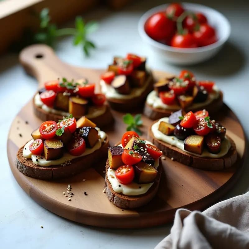 Bruschettas de pan de centeno tostado con crema de berenjena ahumada, aceitunas Kalamata picadas y almendras fileteadas, decoradas con hojas de menta y hilo de miel de tomillo sobre una tabla de madera rústica.