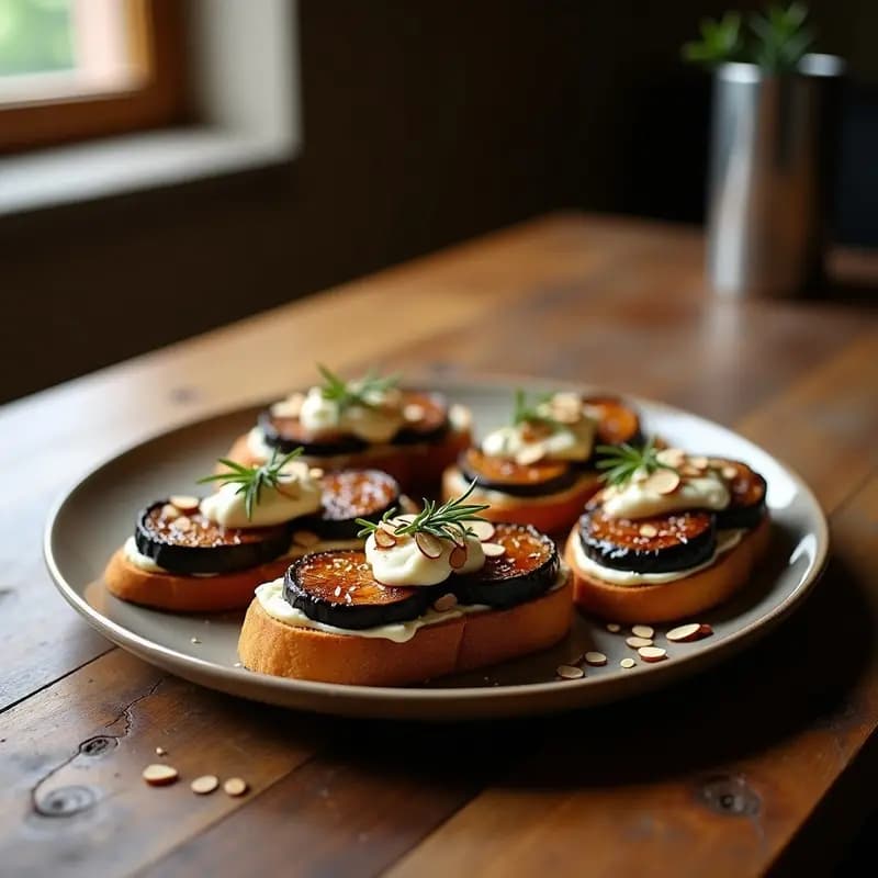 Bruschettas gourmet de pan de centeno tostado con berenjena asada en cubos, queso de cabra desmenuzable, almendras fileteadas y un hilo dorado de miel de trufa sobre fondo rústico de madera.