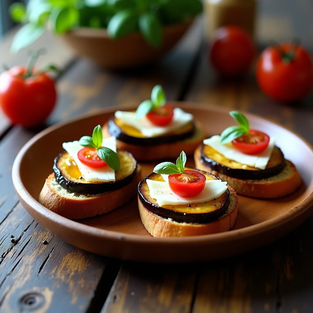 Bruschettas de pan de centeno crujiente con rodajas de berenjena ahumada dorada, láminas de queso de oveja blanco y tomates cherry rojos sobre un plato de madera rústico, decoradas con hojas de albahaca fresca.