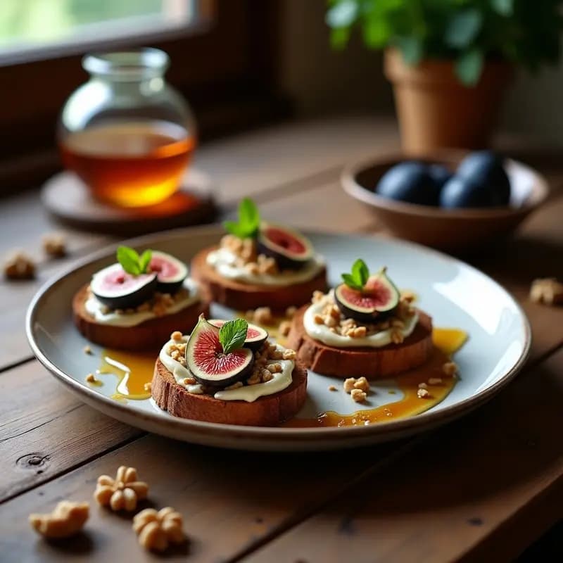Bruschettas de pan de centeno tostado con higos frescos abiertos en flor, queso azul cremoso, nueces picadas, miel de romero y decoración de menta fresca sobre fondo rústico de madera.