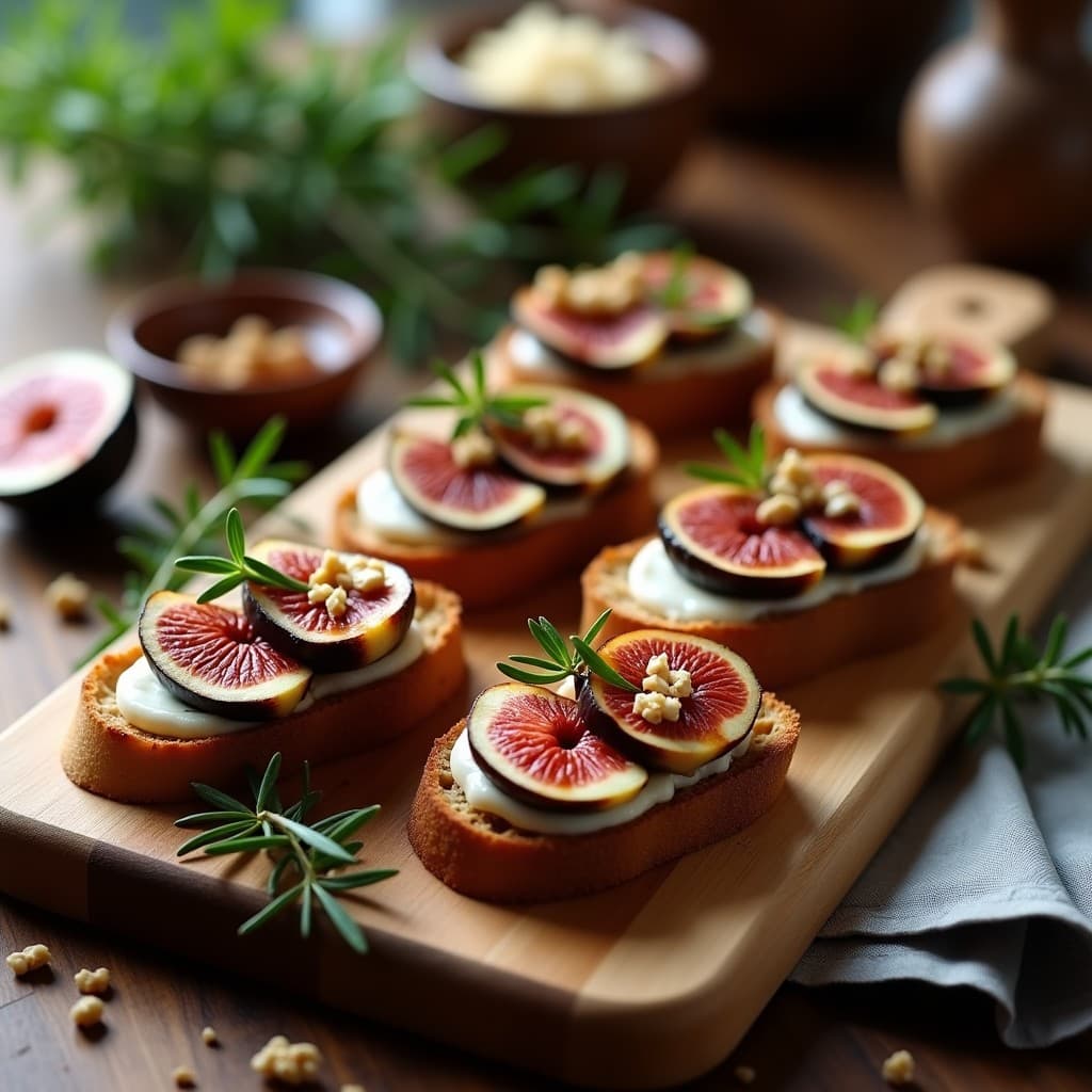 Bruschettas de pan de centeno tostado con higos asados abiertos en cuarto, queso de cabra desmenuzado, nueces pecanas, miel de romero y pimienta negra, servidas en bandeja de madera rústica con fondo borroso de cocina italiana.