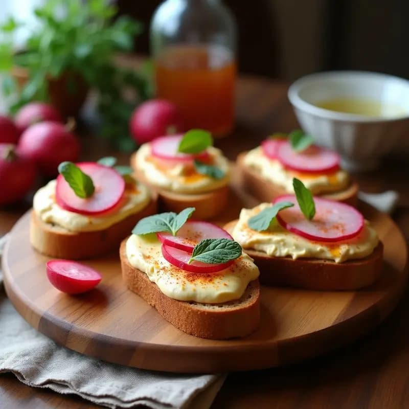 Bruschettas de pan de centeno tostado con hummus cremoso de garbanzos, tahini y comino, decoradas con láminas de rábano fresco, miel de agave, hojas de menta y semillas de sésamo tostadas. Presentación elegante en tabla de madera rústica.