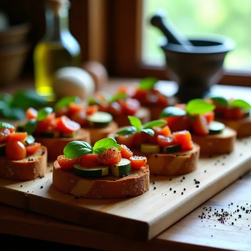 Bruschettas de pan de centeno tostado coronadas con ratatouille de berenjena, calabacín y pimiento rojo asados, decoradas con aceite de albahaca verde brillante y hojas frescas, sobre tabla de madera rústica.