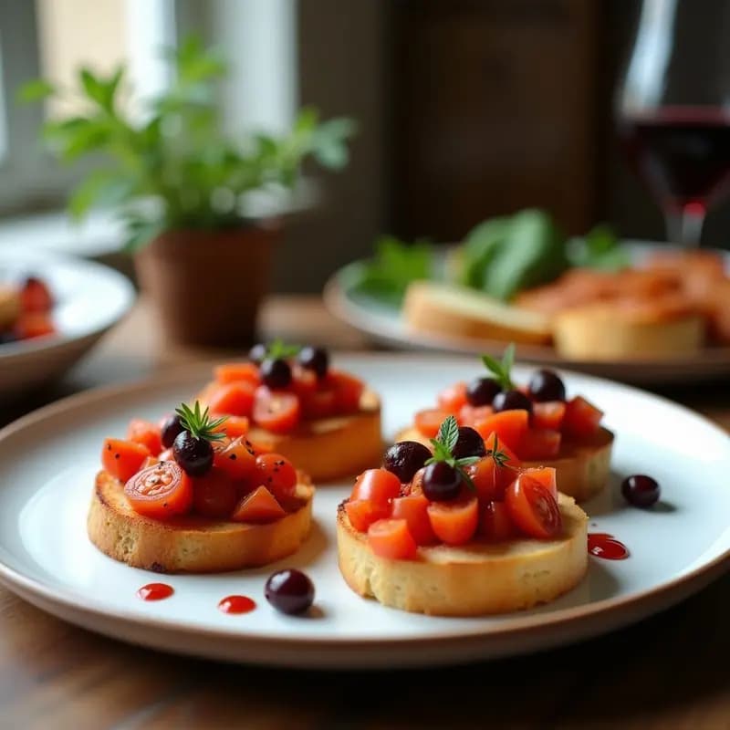 Bruschettas de pan de centeno tostado con tomate confitado brillante, crema de aceitunas Kalamata oscura y almendras fileteadas, servidas en una tabla de madera rústica con vinagre balsámico reducido y queso feta desmenuzado.