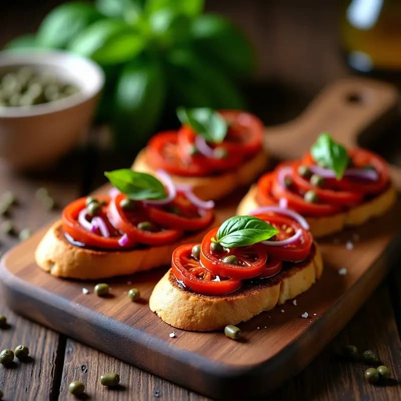 Bruschettas de pan de centeno tostado con tomate ahumado en tiras, alcaparras y cebolla morada, decoradas con hojas de albahaca fresca y un chorrito de aceite de oliva sobre un plato de madera rústico.
