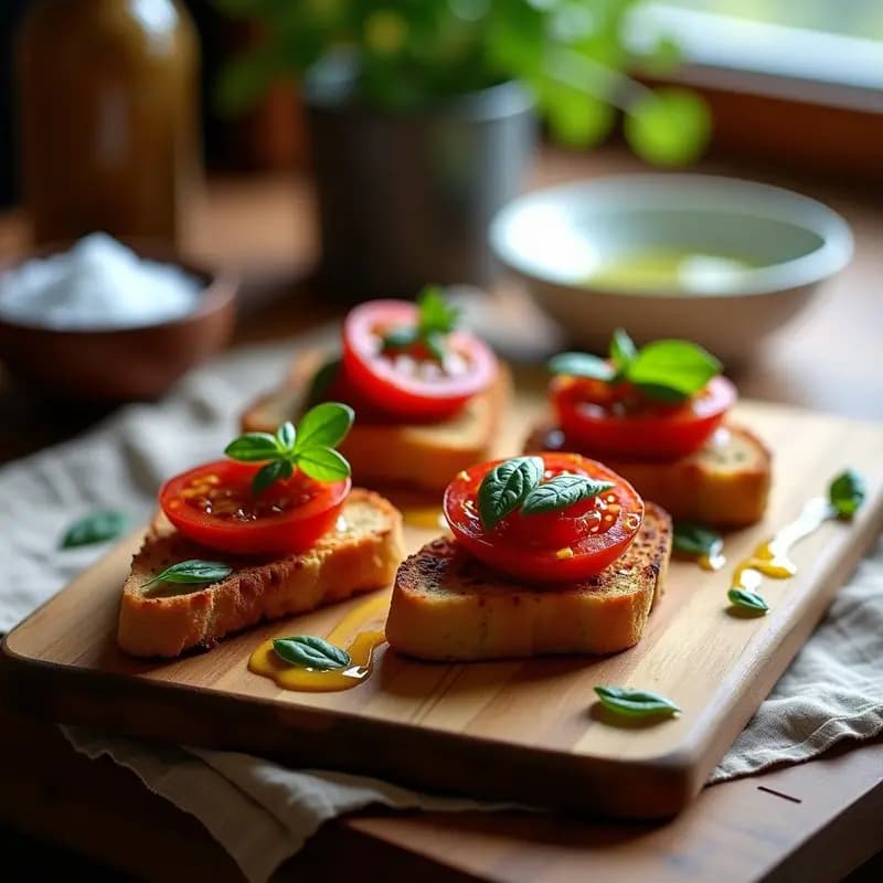 Bruschettas de pan de espelta tostado con tomate confitado brillante, hojas de albahaca morada y verde, y un hilo de aceite de oliva sobre plato de madera rústica, estilo italiano sin gluten.