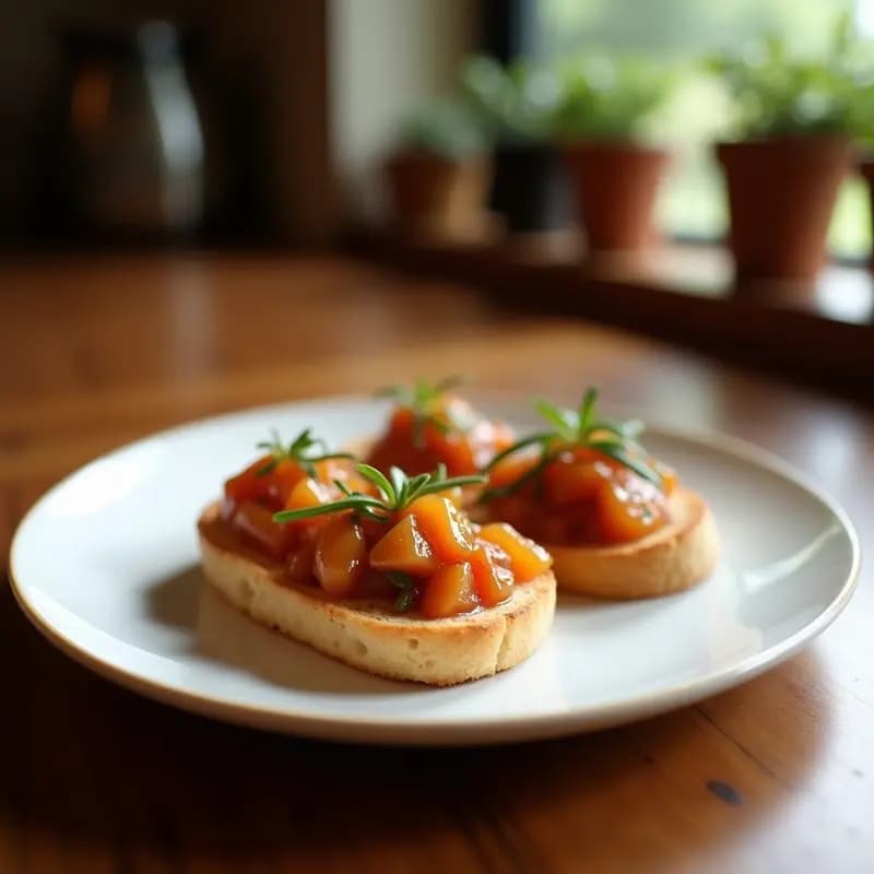 Bruschettas de hígado de paté y mermelada de cebolla sobre pan baguette tostado con ajo y romero, aperitivo francés sofisticado con toque gourmet.