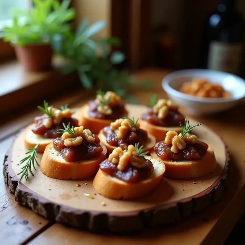 Bruschettas de hígado de patéra con compota de cebolla caramelizada sobre pan tostado, decoradas con nueces picadas y tomillo fresco, servidas en una tabla de madera rústica.