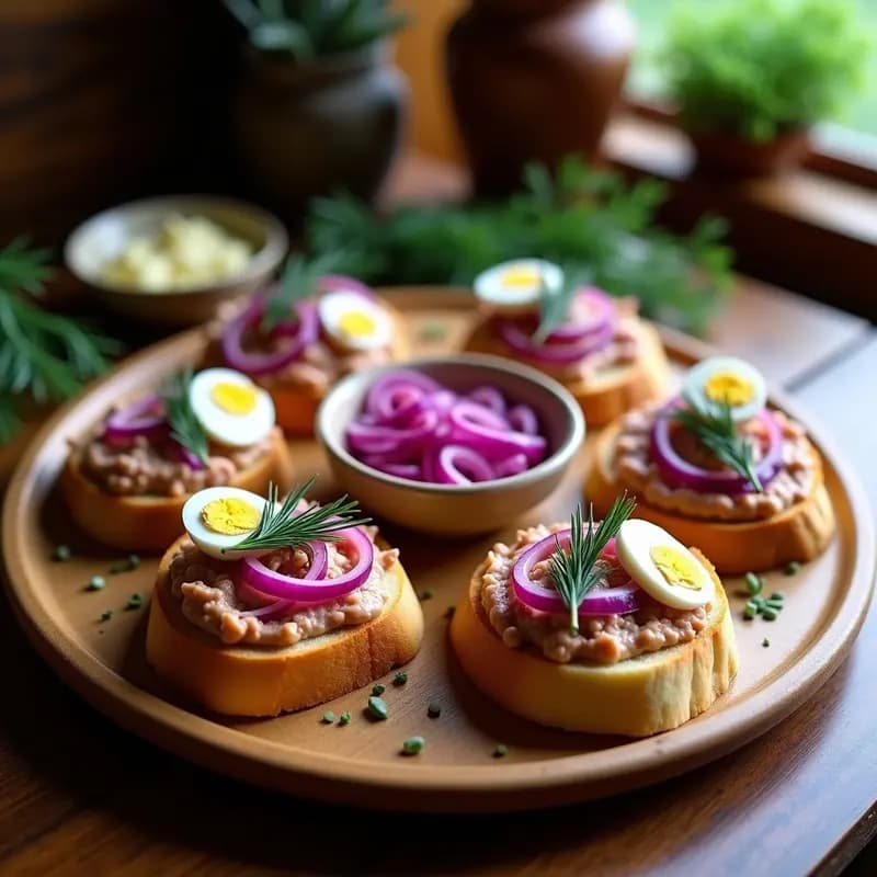 Bruschettas de hígado de pollo y cebolla morada sobre pan tostado dorado, con cebolla morada marinada y huevo picado, decoradas con eneldo fresco, aperitivo rumano crujiente.