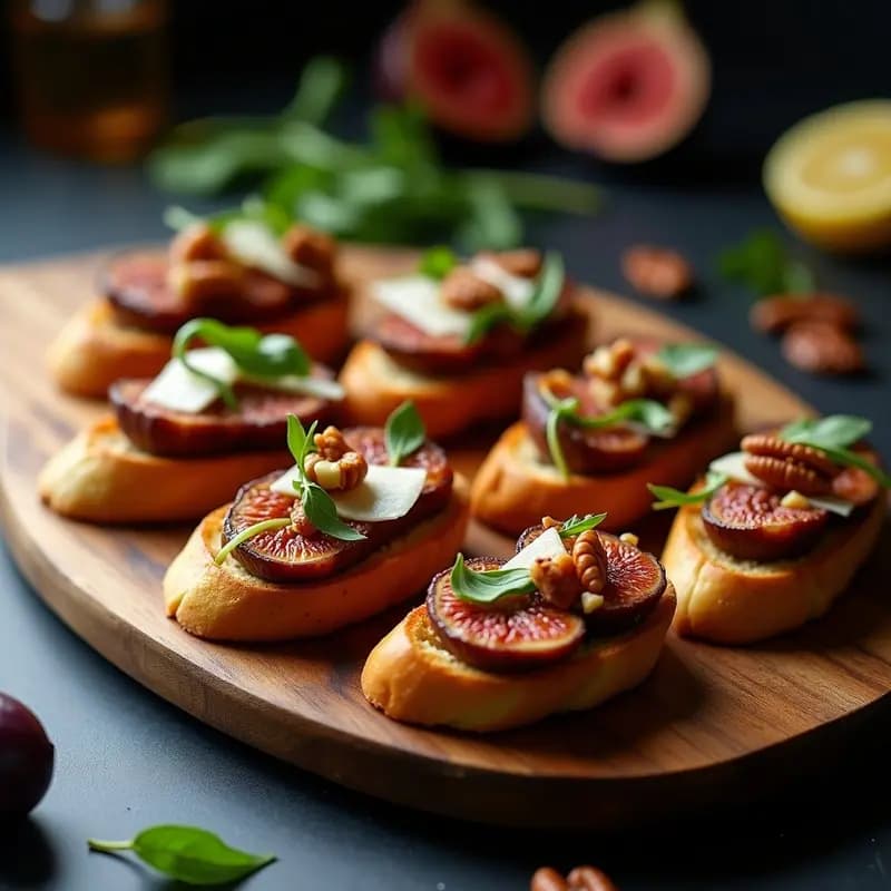 Bruschettas de pan ciabatta tostado con hígado de pollo dorado, higos frescos caramelizados, reducción de miel brillante y nueces picadas, servidas en bandeja rústica de madera con rúcula fresca.
