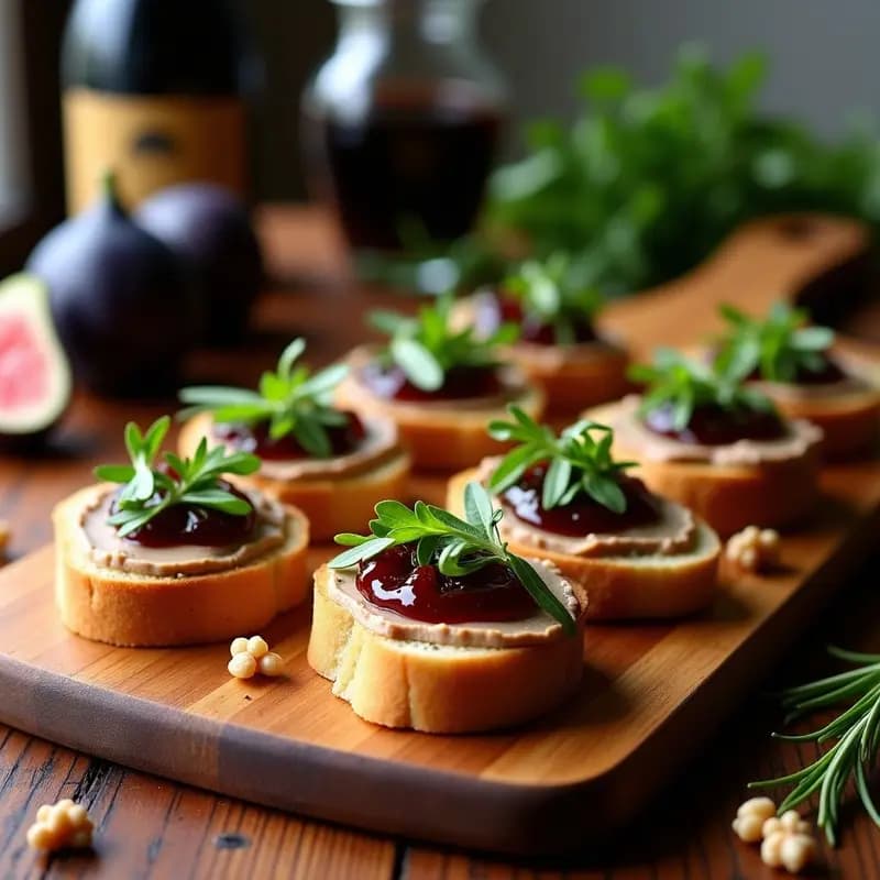Bruschettas de hígado de pollo y mermelada de higo servidas en tabla de madera rústica, con pan tostado dorado, paté cremoso y mermelada brillante, decoradas con nueces picadas y reducción de vinagre balsámico.