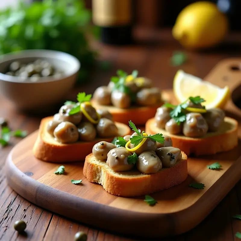 Bruschettas de hígados de pollo y alcaparras sobre pan de centeno tostado, aperitivo italiano alta en hierro, con perejil fresco y ralladura de limón.
