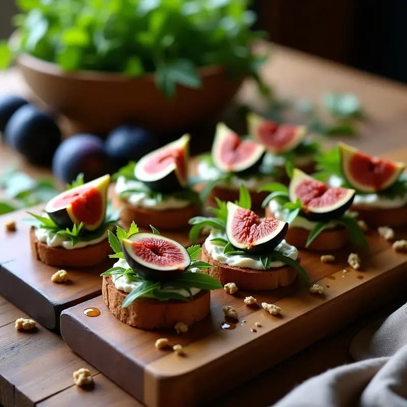 Bruschettas de pan de pita tostado con queso de cabra desmenuzado, higos chumbos en cubos, almendras fileteadas y miel de tomillo, servidas en bandeja de madera rústica con tomillo fresco.